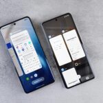 Top view of two modern smartphones with different interfaces on display. Perfect for tech comparisons.