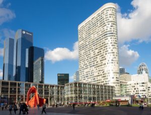 Skyline of La Défense, Paris featuring modern skyscrapers and urban design.